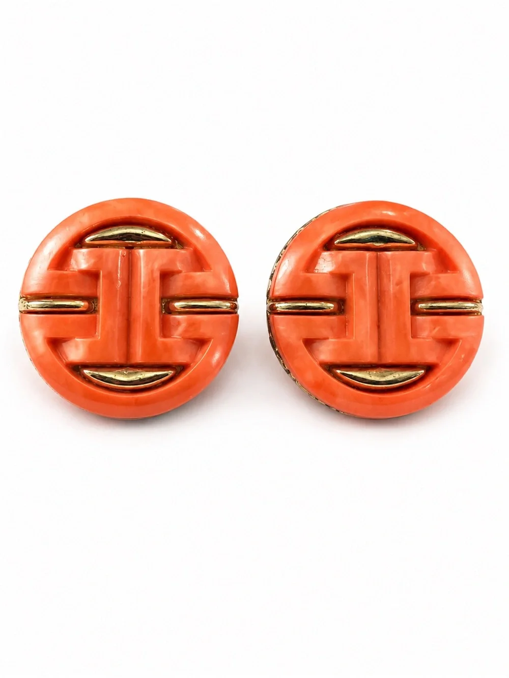 Vintage Coral Lucite Clip-On‎ Earrings Gold Tone Geometric Mod Retro 1980s